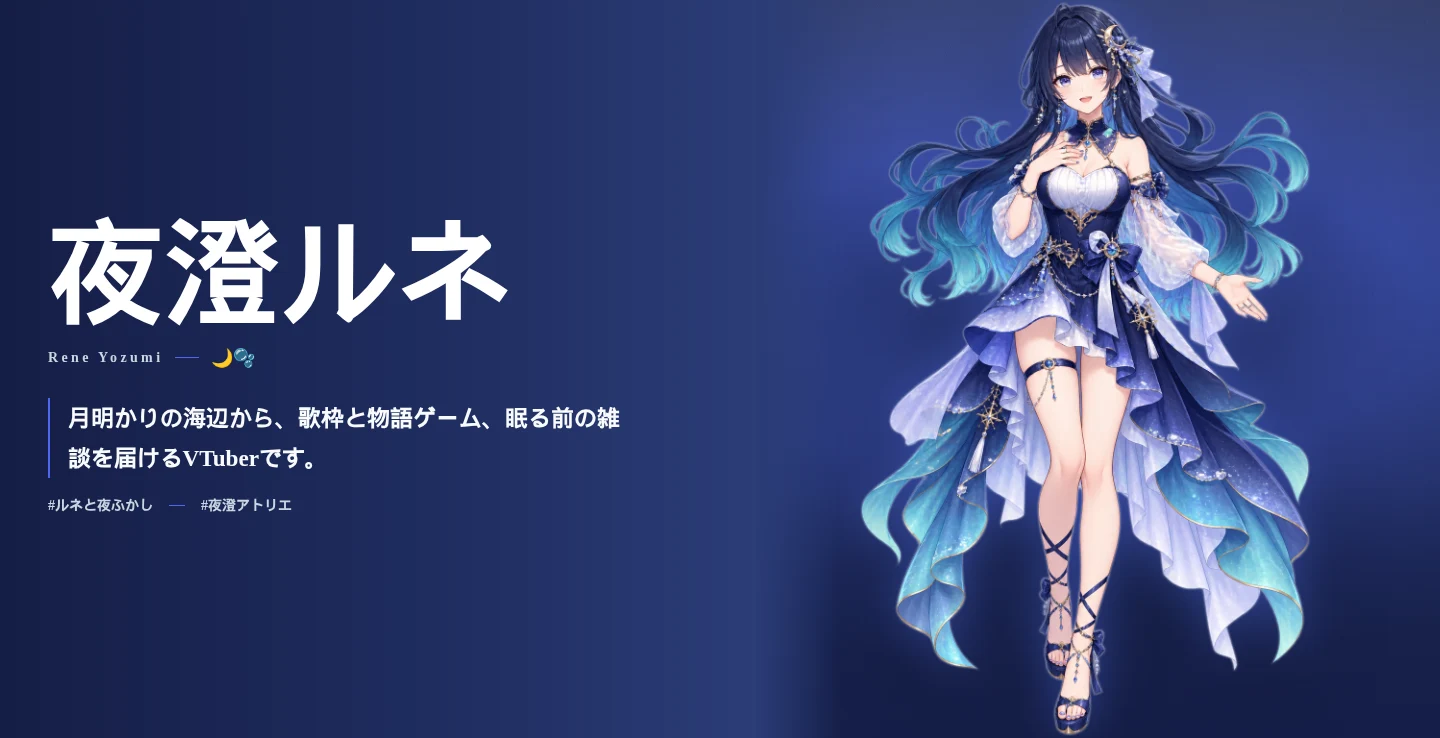 架空VTuber「夜澄ルネ」のサンプルデータで表示したページの上部。名前、自己紹介、配信・ファンアートのタグ、メインビジュアルが並ぶ。